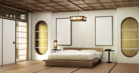 Bedroom japanese minimal style, Modern shelf wall design and tatami mat floor, room minimalist. 3D renderingの写真素材