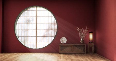 Circle window wall design, Red color empty  room japanese deisgn, wooden floor. 3D renderingの写真素材