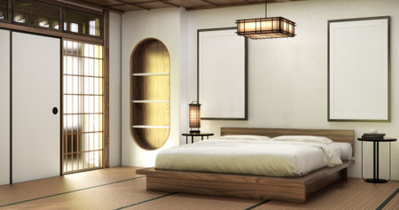 Bedroom japanese minimal style, Modern shelf wall design and tatami mat floor, room minimalist. 3D renderingの写真素材