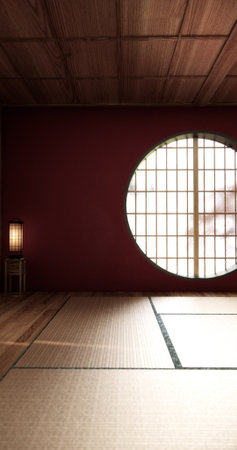Circle window wall design, Red color empty  room japanese deisgn, wooden floor. 3D renderingの写真素材