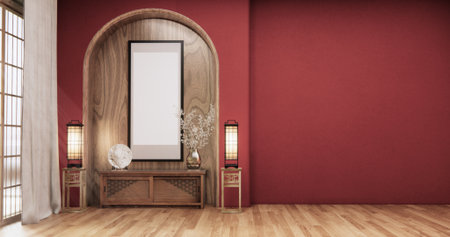 Red Empty minimal japanese wooden room interior ,minimal style.3D renderingの写真素材