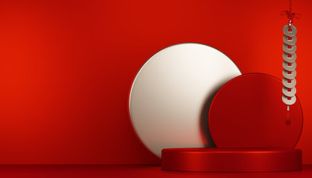 Red podium show cosmetic product geometric. 3D renderingの写真素材