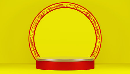 Red podium show cosmetic product geometric. 3D renderingの写真素材