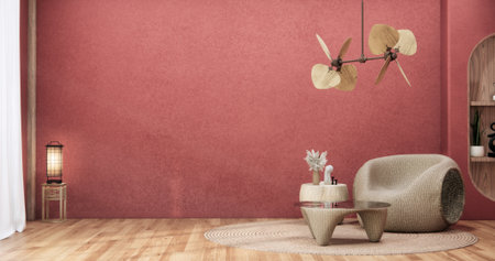 Viva magenta Living room with red wall and armchair japandi style.3D renderingの写真素材