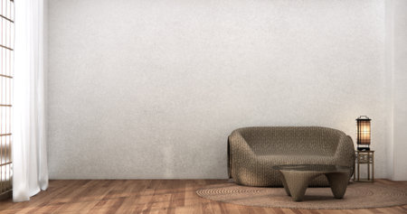 Livingroom with Armchair sofa and table decoration on wabi sabi style. 3D illustration rendering