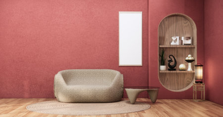 Viva magenta Living room with red wall and armchair japandi style.3D rendering