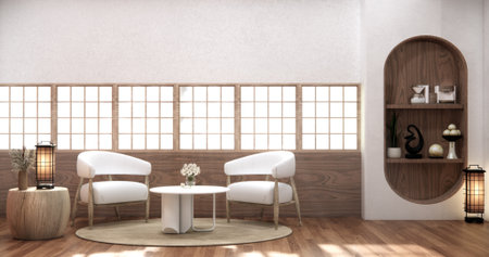 Livingroom with Armchair sofa and table decoration on wabi sabi style. 3D illustration renderingの写真素材
