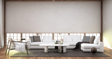 Livingroom with Armchair sofa and table decoration on wabi sabi style. 3D illustration renderingの写真素材