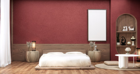Viva magenta color bedroom japandi design on minimal room interior. 3D renderingの写真素材