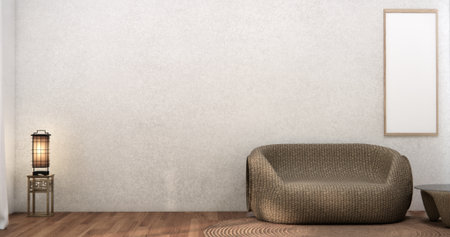 Livingroom with Armchair sofa and table decoration on wabi sabi style. 3D illustration renderingの写真素材