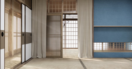 Cool colors give a feeling of coolness and calmness. Japanese traditional room, Mock up empty room and decoration room japan style. 3D renderingの写真素材