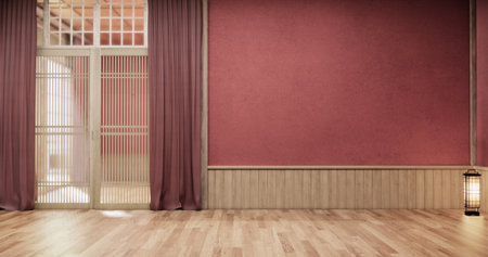Red color Empty minimal japanese wooden room interior ,minimal style.3D renderingの写真素材