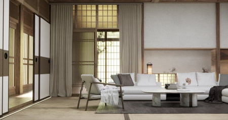 japanese Armchair sofa and table decoration on wabi sabi style. 3D illustration renderingの写真素材