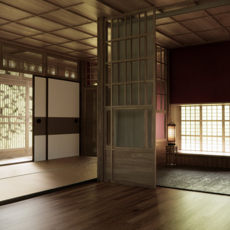Red Empty minimal japanese wooden room interior ,minimal style.3D renderingの写真素材