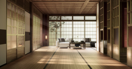 The interior color Red room inteior with tatami mat floor.3D renderingの写真素材