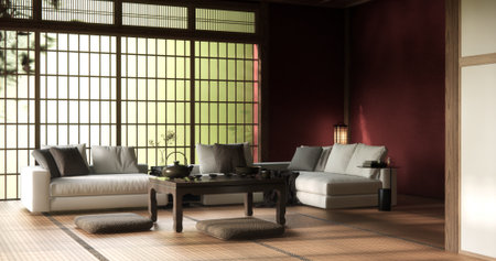 The interior color Red room inteior with tatami mat floor.3D renderingの写真素材