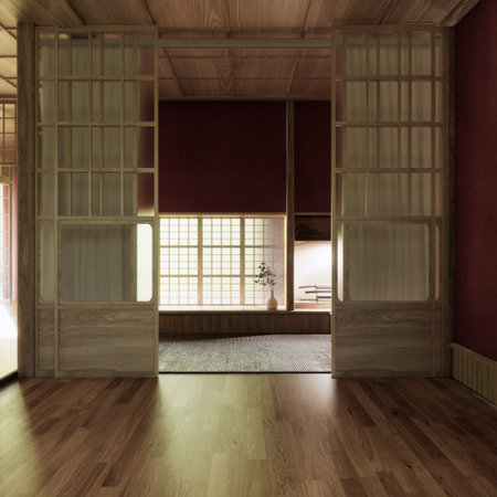 Red Empty minimal japanese wooden room interior ,minimal style.3D renderingの写真素材