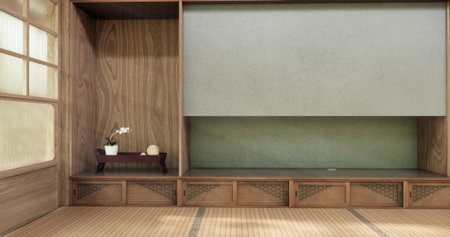 Tatami mat floor on Empty blue room Japanese tropical style. 3D renderingの写真素材