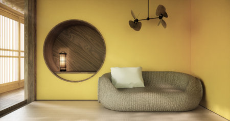 yellow Mini sofa armchair on interior design modern living room Japanese style.3D rendering