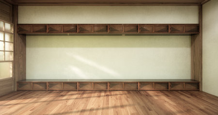 Concept Empty room and wood floor with shelf wall background 3D illustration renderingの写真素材