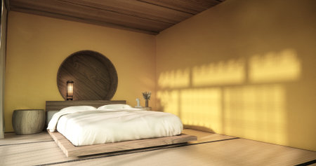 Minimal yellow interior mock up with zen bed plant and decoartion in japanese bedroom. 3D rendering.の写真素材