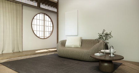Wooden Armchair and partition on room tropical interior with tatami mat floor. 3D renderingの写真素材