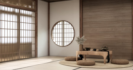 mock up, Japanese empty room tatami mat. 3D renderingの写真素材
