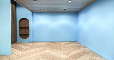 blue color room interior with wall japanese design.3d renderingの写真素材