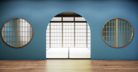 blue color room interior with wall japanese design. 3d renderingの写真素材
