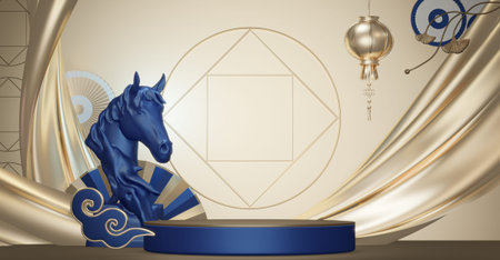 Year of the Horse ,China blue and golden Podium, minimal blue geometric design.3D renderingの写真素材
