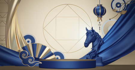 Year of the Horse ,China blue and golden Podium, minimal blue geometric design.3D renderingの写真素材