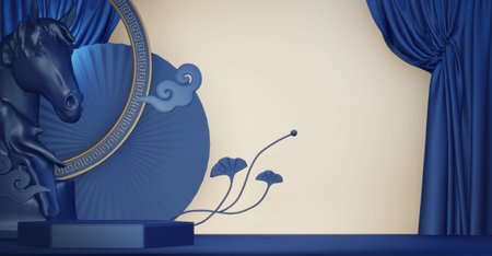 Year of the Horse ,China blue and golden Podium, minimal blue geometric design.3D renderingの写真素材
