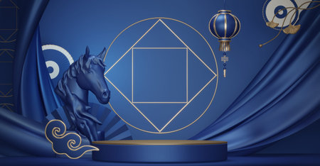 Year of the Horse ,China blue and golden Podium, minimal blue geometric design.3D renderingの写真素材