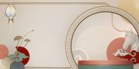 Mock up stage Podium stage chinese style and decoration with color chinese tone background design.3D renderingの写真素材