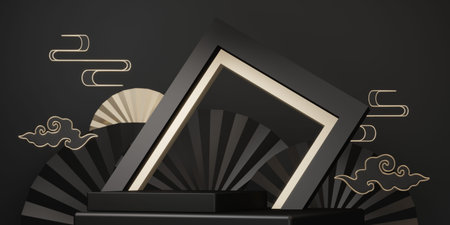 Black and gold two color stage chinaese podium style for products decoration suitable .3D rendering