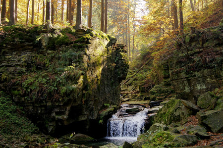 Satina waterfalls (Satinske vodopady) in deep forest of Beskydy Mountainsの写真素材