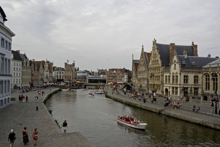 Cityscape of old canals in Ghent City in Belgiumのeditorial素材