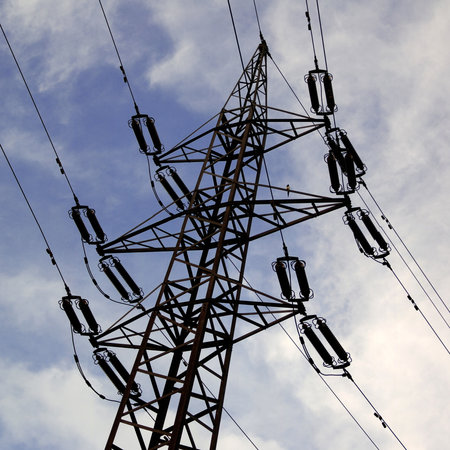 Electric cables and wires in blue sky