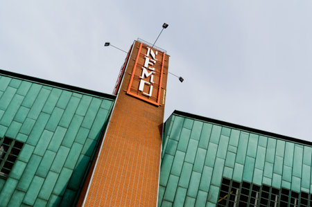 AMSTERDAM, NETHERLANDS - NOVEMBER 8  Logo of atypically shaped NEMO scientific museum in Amsterdam, Netherlands on November 8, 2013 のeditorial素材