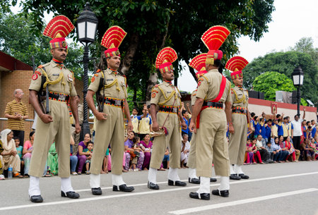 ATTARI, PUNJAB, INDIA - JULY 20  Military ceremony at India-Pakistan border in Attari on July 20, 2013 in Attari, Punjab, India のeditorial素材
