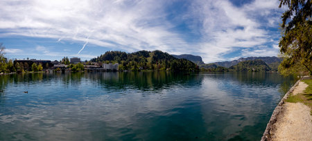 Summer panorama of Bled lake in Sloveniaの写真素材