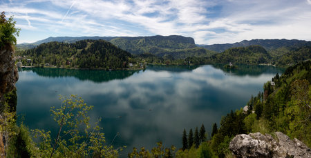 Panorama of beautiful Bled Lake in Slovenia, Europeの写真素材