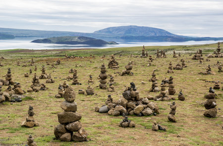 Stone heaps near Thingvallavatn in Thingvellir national park in Icelandの写真素材