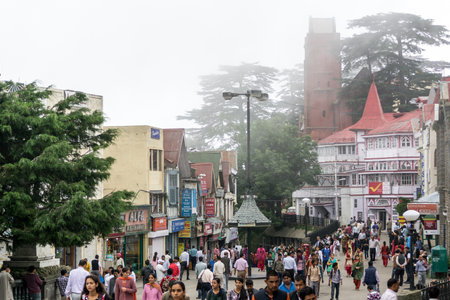 SHIMLA, INDIA - JULY 23: Scene from Shimla city in Himachal Pradesh, India, taken on July 23, 2013.. Shimla is a city located 2200 meters above the sea level and has famous Kalka-Shimla train track.のeditorial素材
