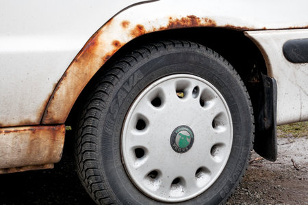 SENOV, CZECH REPUBLIC - MARCH 3: Rusted bodywork of white czech Skoda Felicia car. This car is infamous because of the rust. The photo was taken on March 5, 2015.のeditorial素材