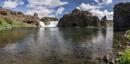 Panorama of Hjalparfoss waterfall in Thjorsardalur, Icelandの写真素材