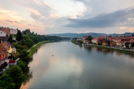 Drava river in Maribor city in Sloveniaの写真素材