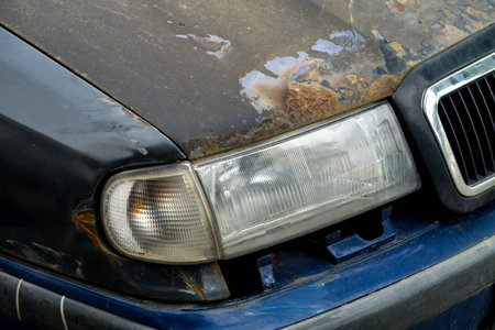 Damaged rusty blue car with repaired headlampの写真素材