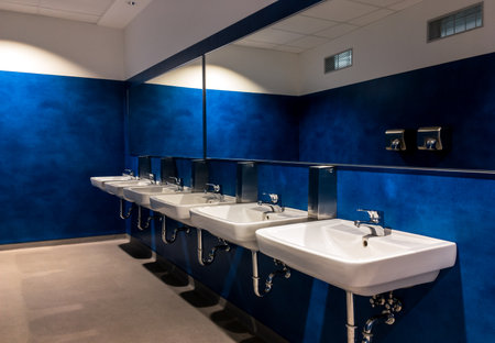 Six wash-basins in a modern blue restroom with large mirrorsの写真素材