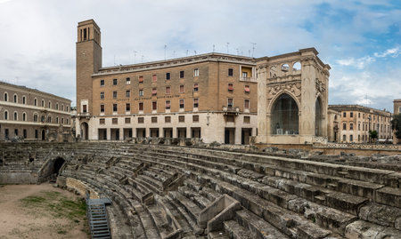 Wide angle panorama of amphitheatre in Lecce, Italyのeditorial素材